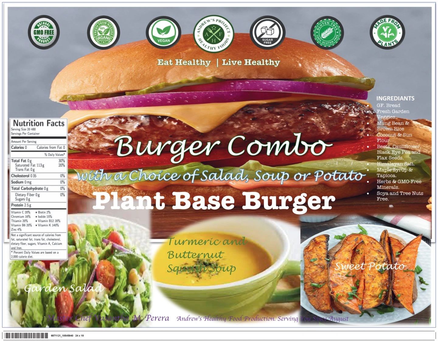 Burger Combo with choice of salad, soup or potato — Plant Base Burger, Garden Salad, Turmeric and Butternut Squash Soup